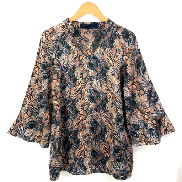 ZARA Satin-Like Long Sleeve Top Navy Peach Bell Sleeve Tunic Top V-Neck M20 - Picture 1 of 9